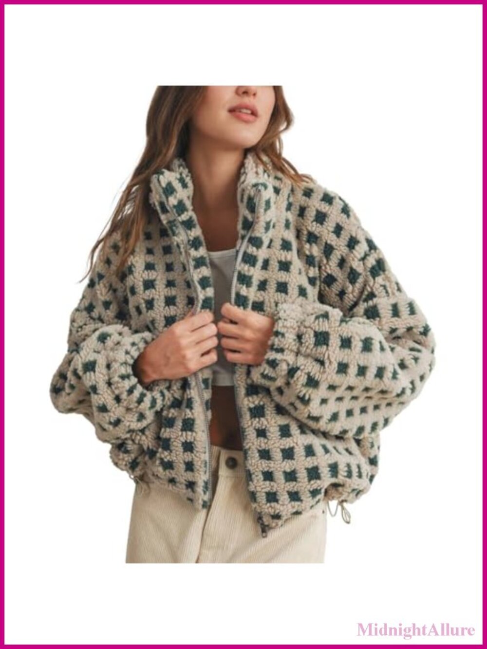 Cropped Sherpa Fleece Jacket Zip Up Plaid Gingham Coat with Pockets